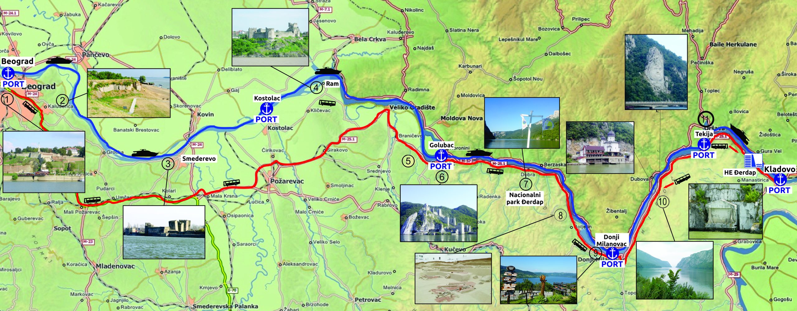 Mapa krstarenja Dunavom – Beograd do Kladovo Mapa rute krstarenja Dunavom od Beograda do Kladova sa označenim pristaništima i znamenitostima uz Đerdapsku klisuru